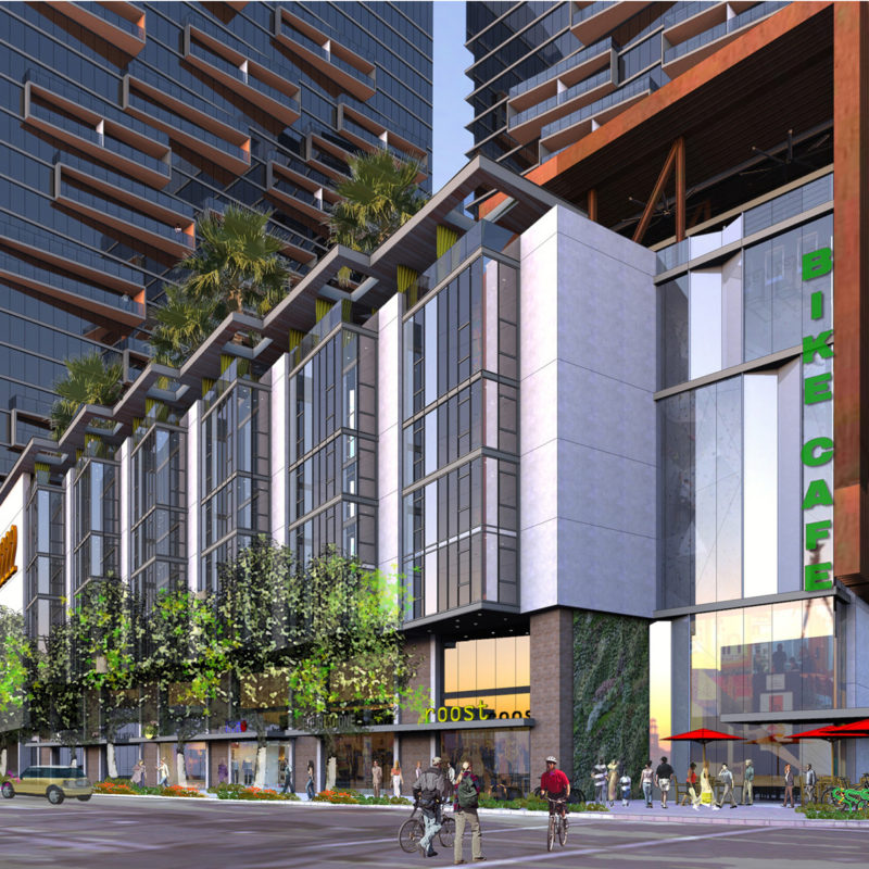 Rendering of high rise from street view at an upwards angle. Showing the retail and walkway spaces.