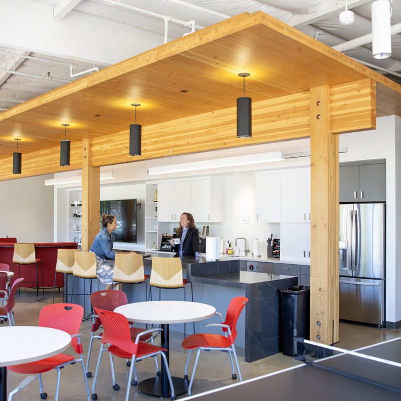 Exterior of clt mass timber pavilion office kitchen