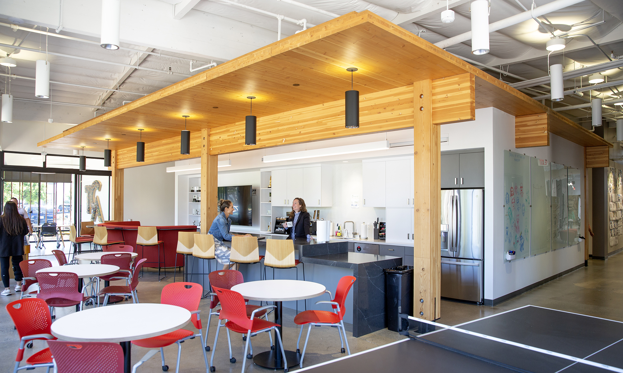 Exterior of clt mass timber pavilion office kitchen