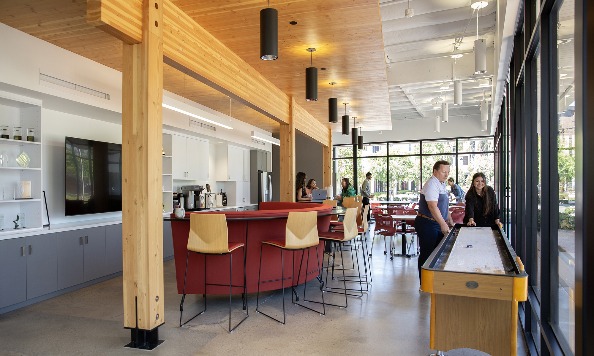 Exterior of clt mass timber pavilion office kitchen
