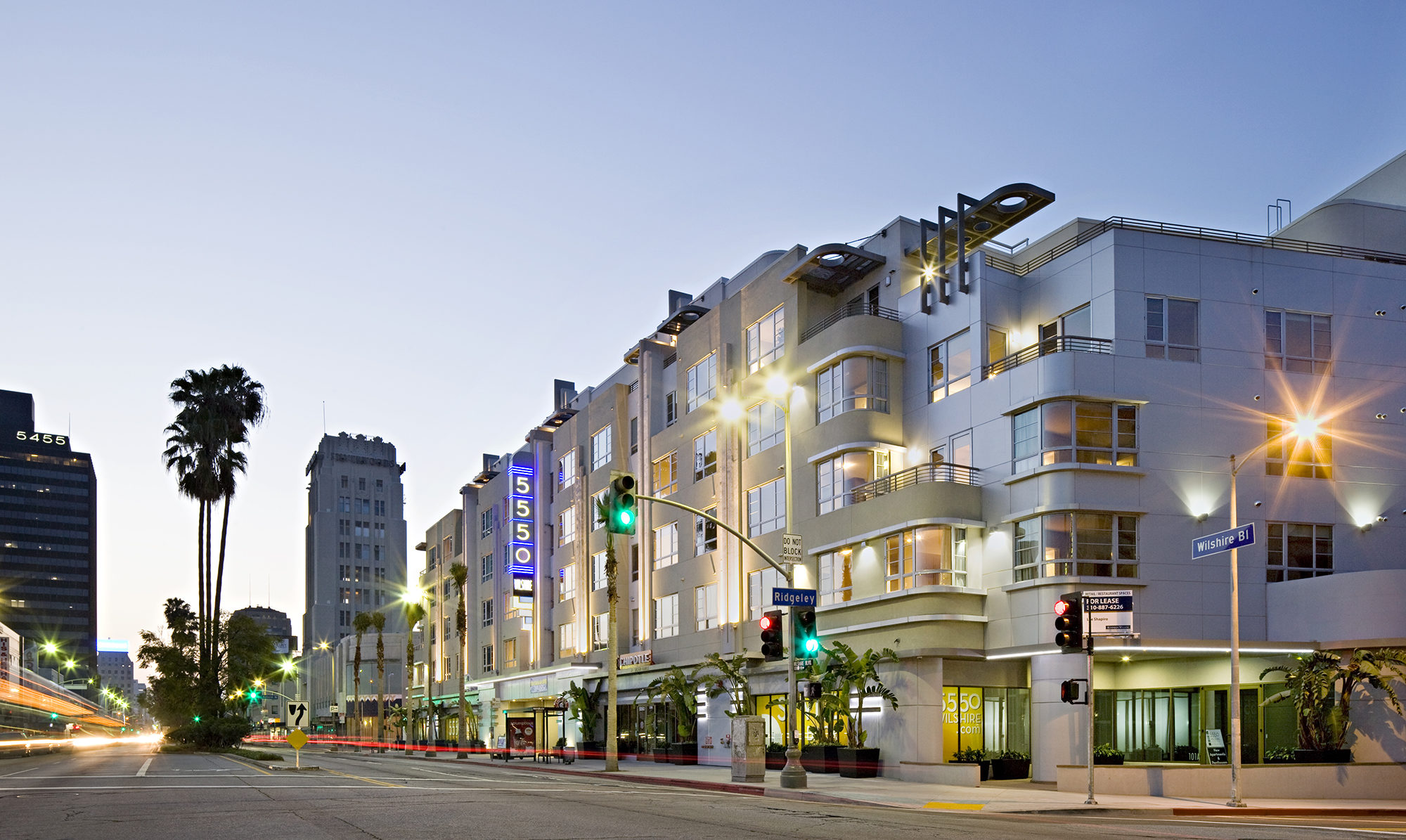 Exterior of art deco podium with steel frame