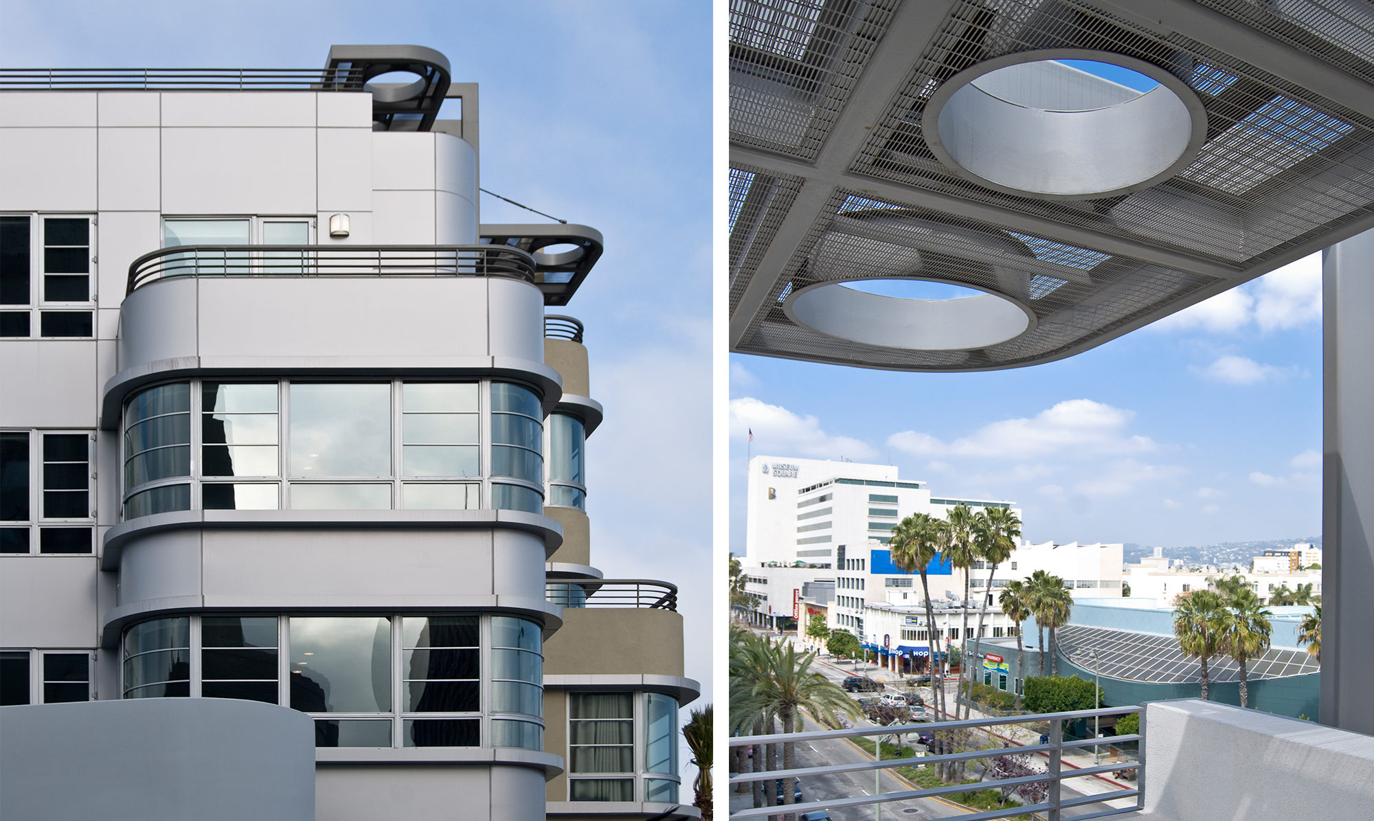 Collage with both image of curved windows and patio view looking over the street.
