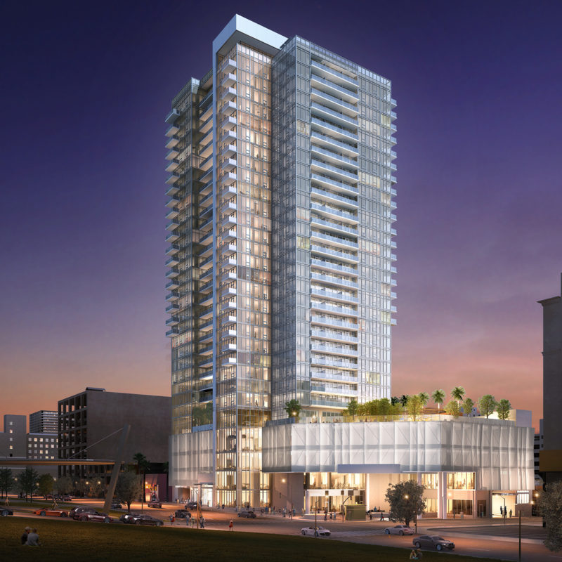 Rendering of high rise lit up at night