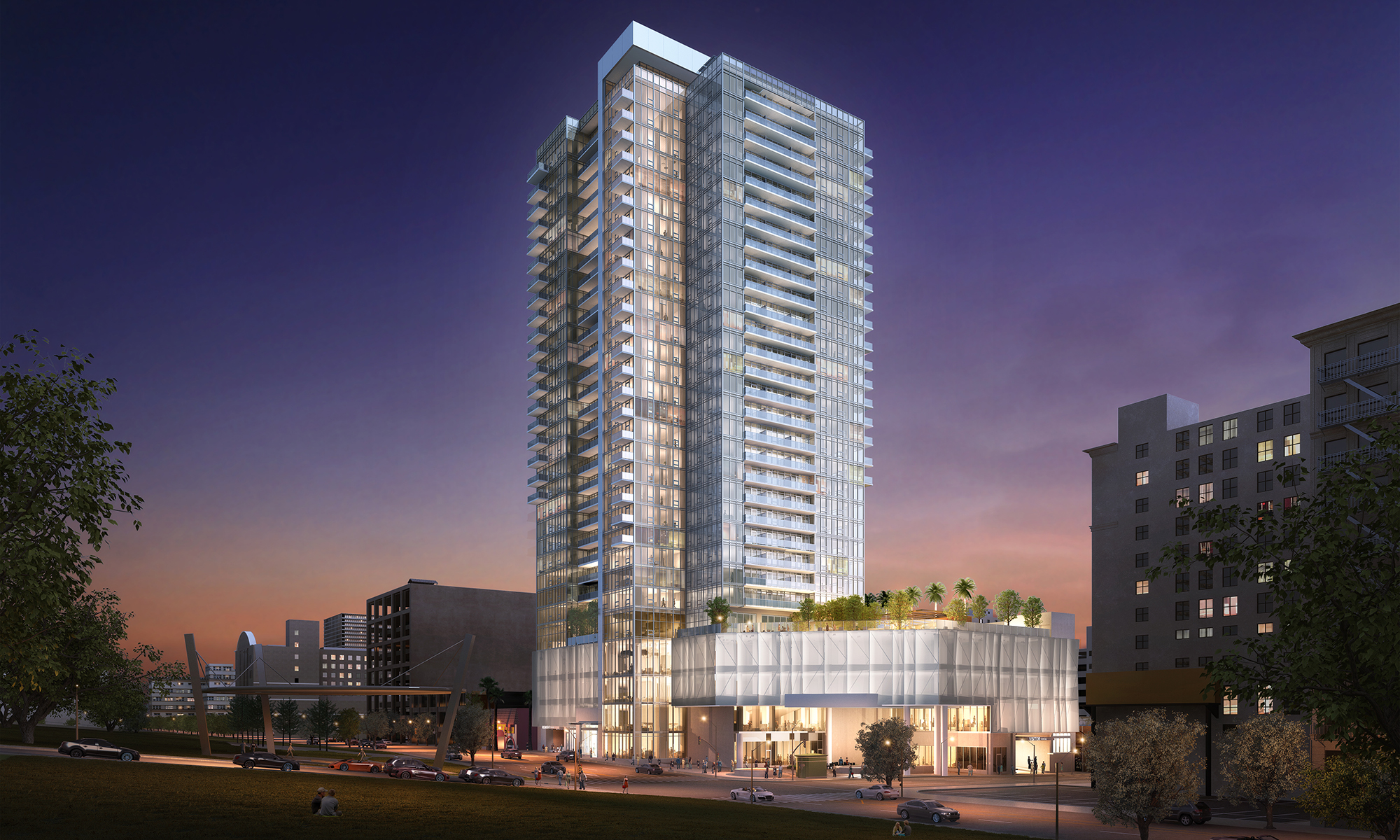 Rendering of high rise lit up at night