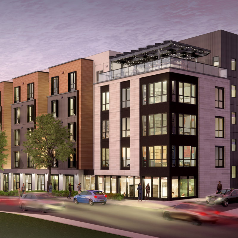 Exterior rendering of affordable multifamily building.