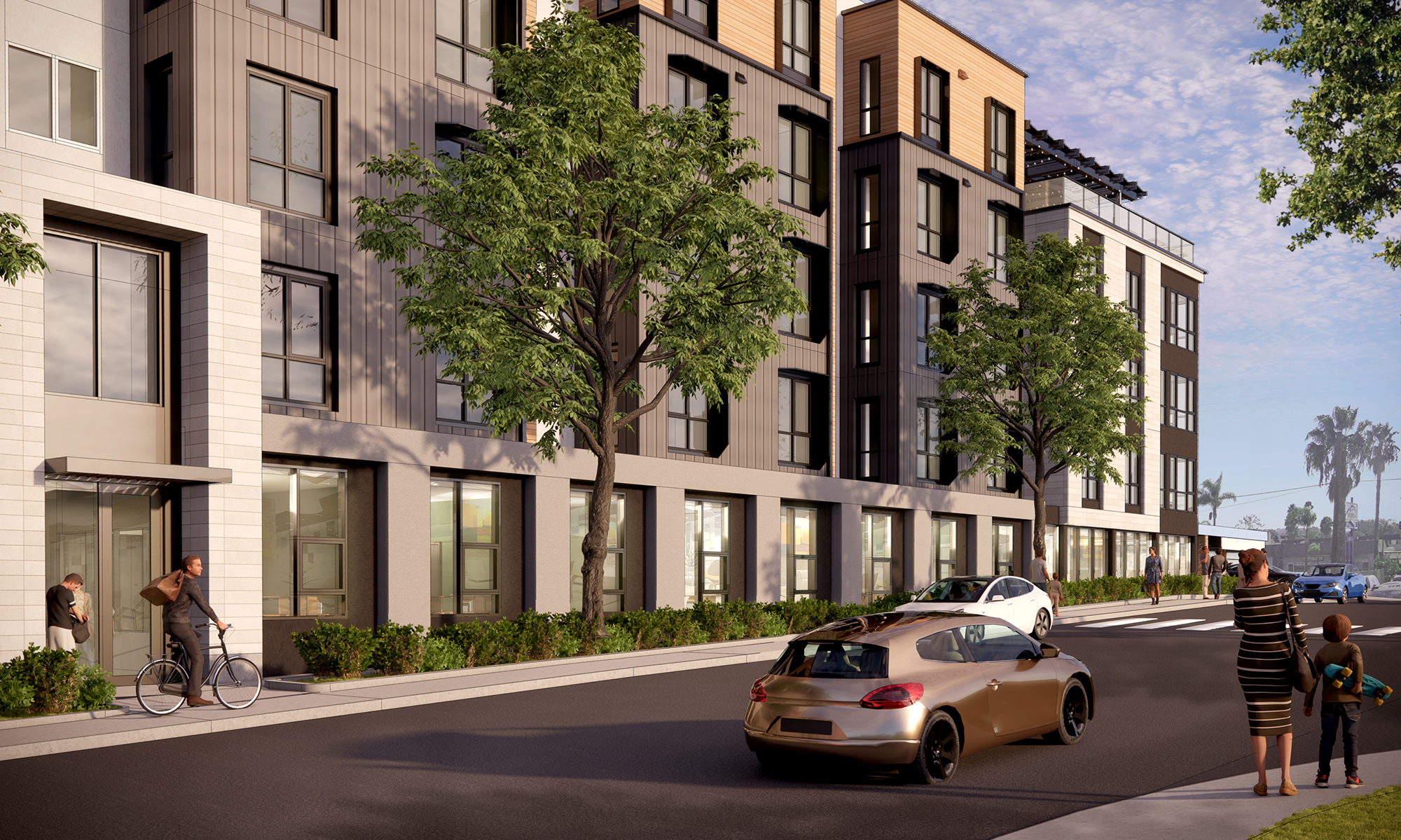 Exterior rendering of affordable multifamily building.